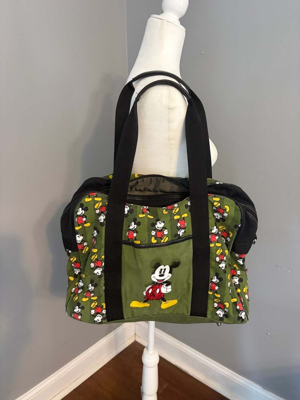 Disney Mickey Mouse Green Canvas Duffle Bag with Red Sequin Detail